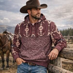 HOOEY Western Aztec Hoodie Small Burgundy Pullover Hooded Sweatshirt Mens